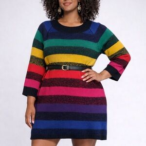 Vintage Y2K Rainbow Striped Fuzzy Knit Sweater Dress One Size